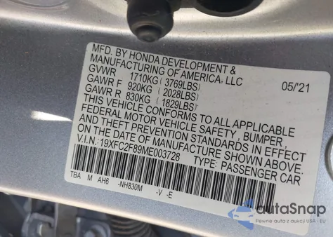 2021 Honda Civic Sport z USA, uszkodzony, nr VIN 19XFC2F89ME003728